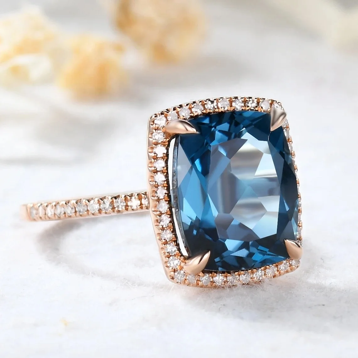 14Kt Solid Gold Ring London Blue Topaz Luxury New Design Solid Gold Fine Jewelry Rings With Real Diamonds Ring