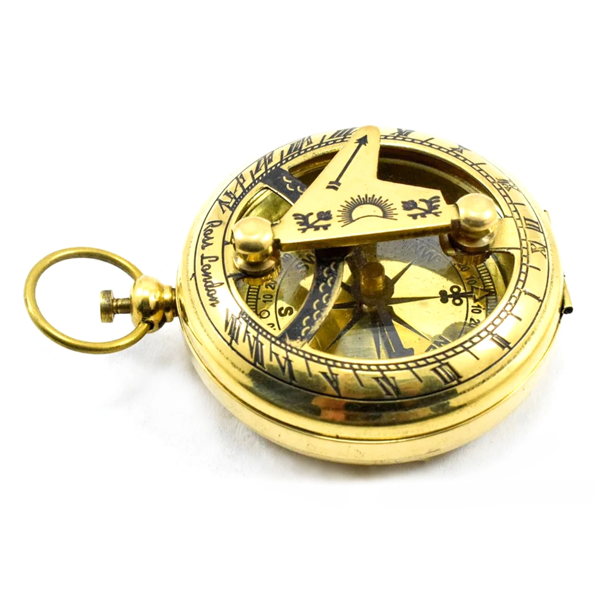 Brass Push Button Sundial Compass sundial pocket nautical brass compass antique style Ross London Direction Compass