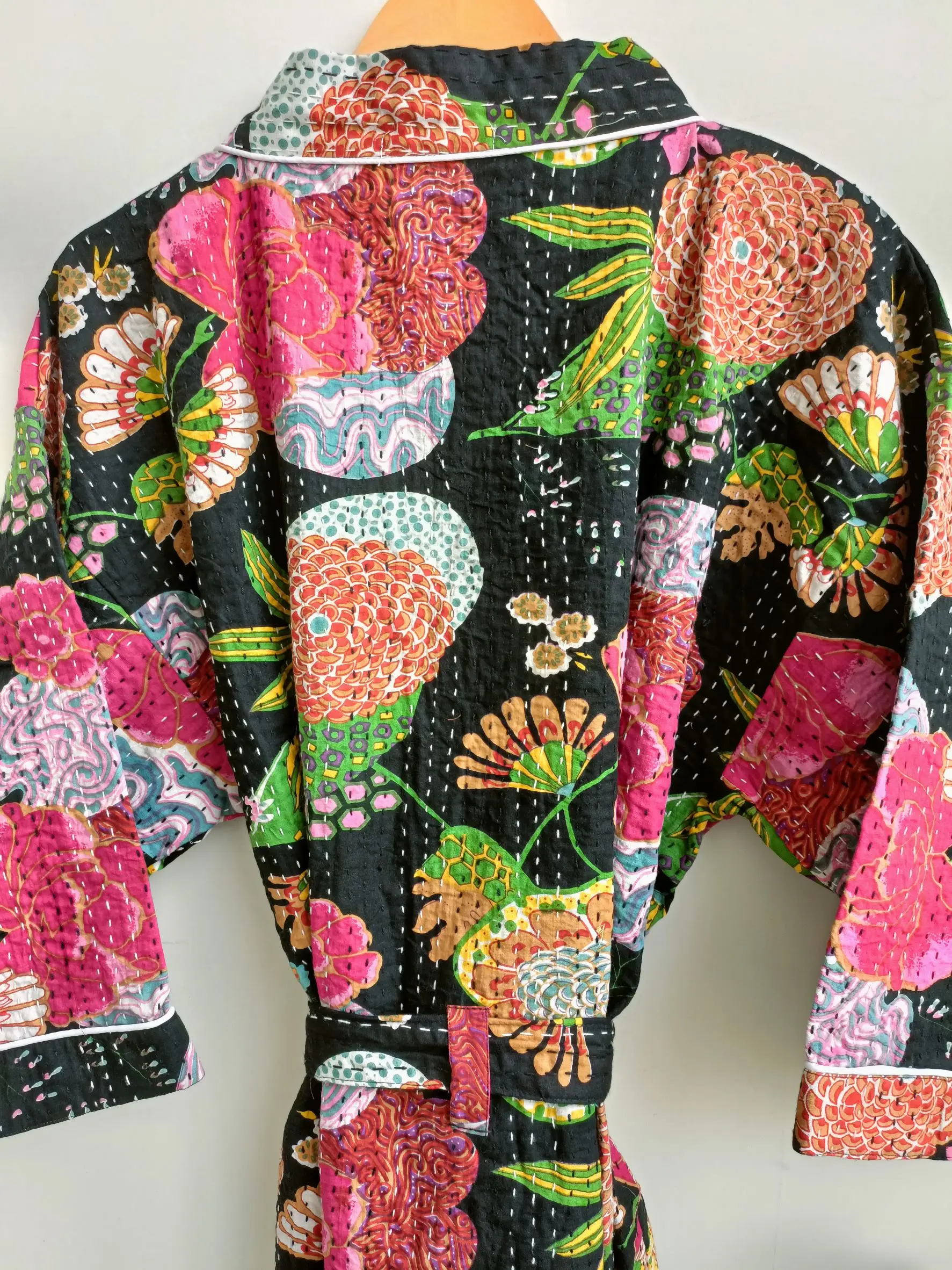 Лучшее качество 100% хлопок черный цветочный принт Kantha одеяло кимоно халат одежда для сна ночная рубашка женщин и мужчин