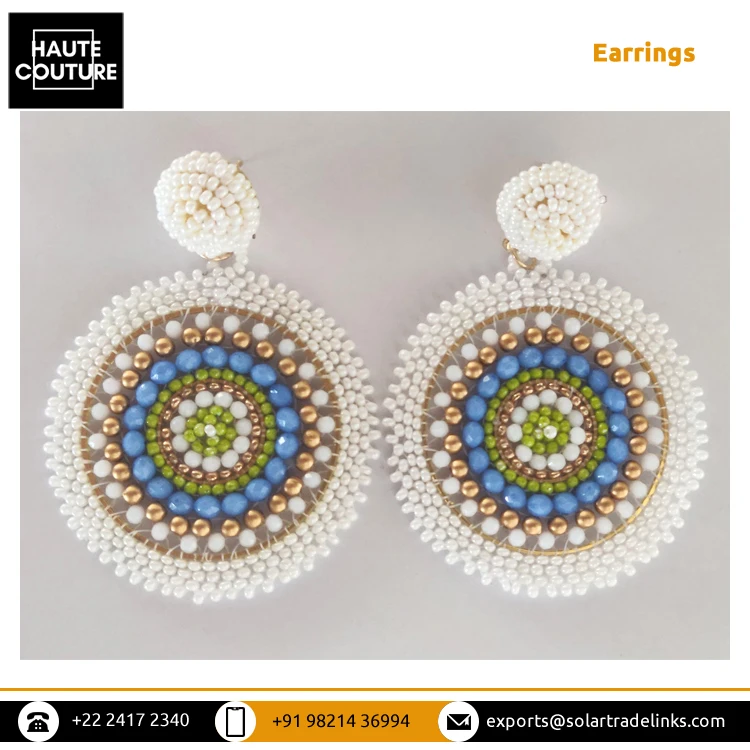 Stunning Collection of Handmade Beaded Earrings - Ivory Blue Green Beaded Round Shape Fashionable Party Wear Earrings