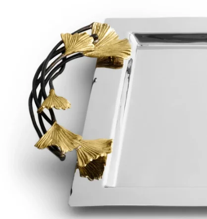 Luxury Stainless Steel Rectangle Tray Large Tray Golden Collection Natural and Oxisidised Brass stems and Leaves Delicate Design