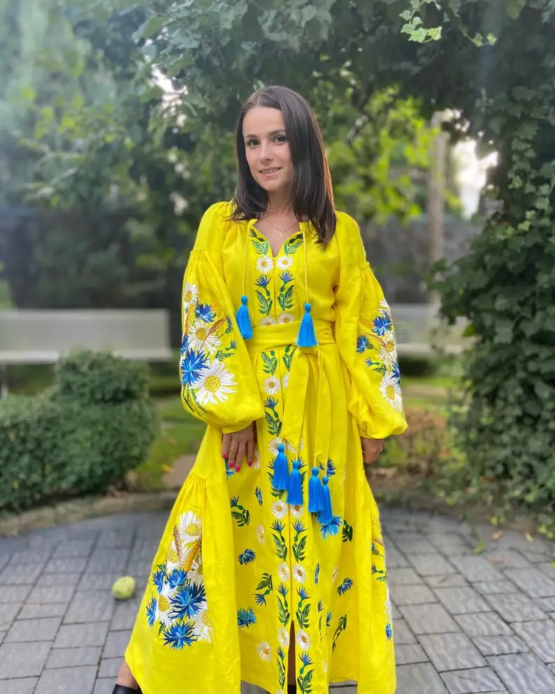 Unique Style Elegant & Modern Ukrainian Embroidered Dress Original Gift For Woman Incredibly Soft Linen Holidays Lady Maxi Dress