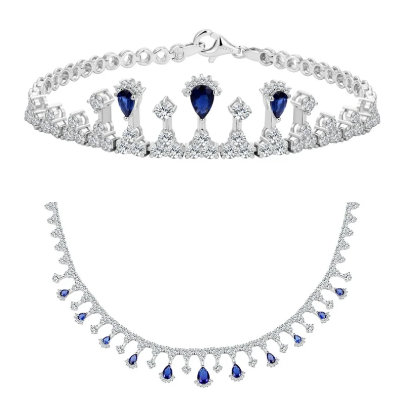 Elegant Fine Jewellery Sets High End Fashion 925 Sterling Silver Blue Color 5A Cube Zircon Pure Silver Jewelry Set Women