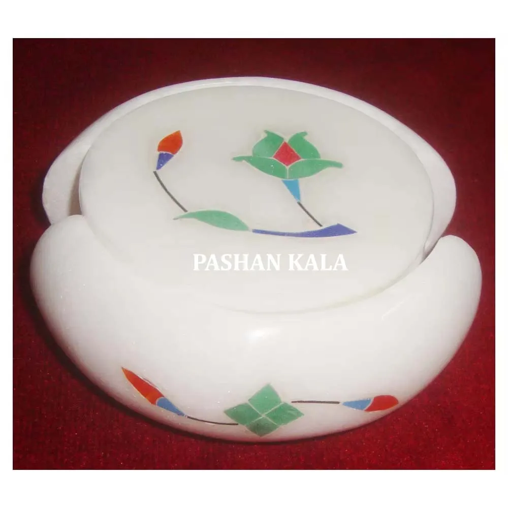 Индийский дизайнерский набор чайных подставок ручной работы из чистого белого мрамора с тонкой отделкой и гладкими полированными кухонными декоративными подставками