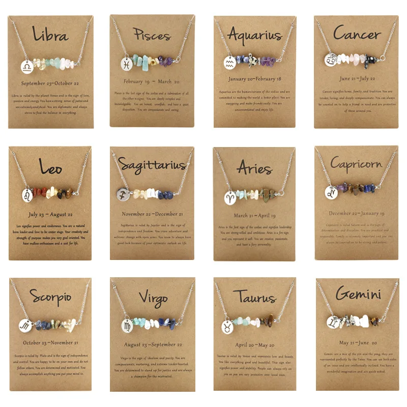 New Stainless Steel Original Stone Pendant 12 Constellations Gravel Combination Zodiac Necklace With Paper Card