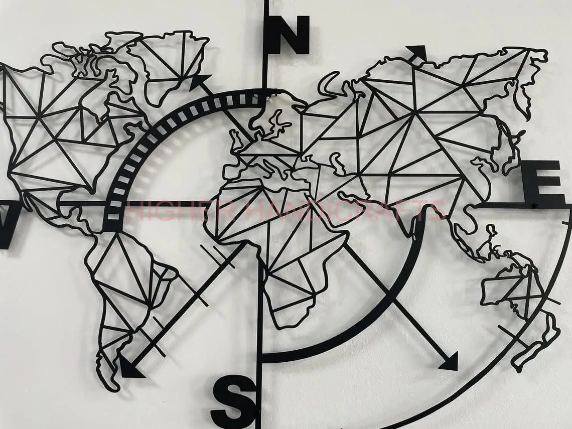 Metal World Map Wall Art Geometric Compass Design Wrought Iron Wall Decor Rustic Metal Mounted Wall Arts for Home Decorations