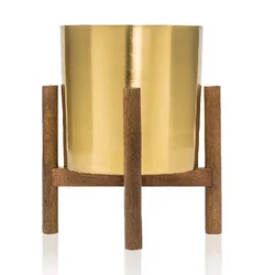 STYLISH ALUMINIUM GOLD PLANTER LARGE METAL POT WITH MANGO WOOD STAND MODERN FLOWER POT DECOR FOR LIVING ROOM