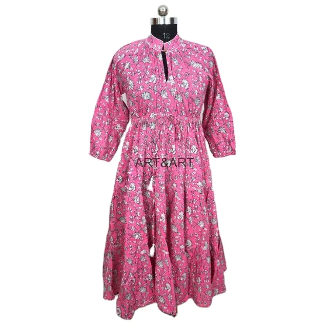 Luxurious cotton Floral Summer Women Dress Hand Block Printed Casual Vintage Bohemian Long Dress Party Wear