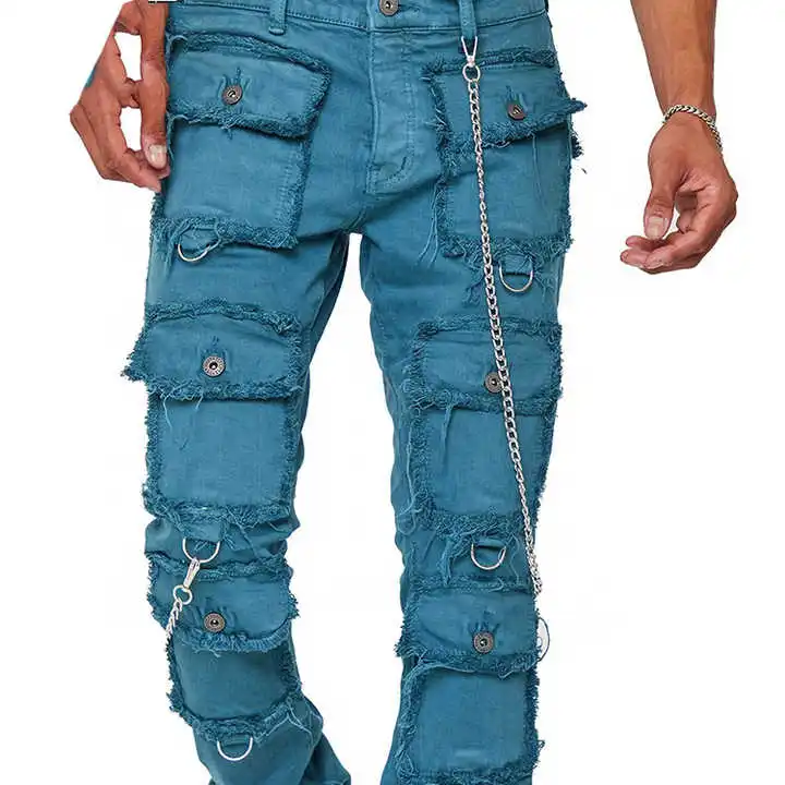 High Quality Men Denim Cargo Jeanes Pants Fashion Custom Logo Winter and Summer Streetwear Blue Slim OEM Stacked Jeanes Men