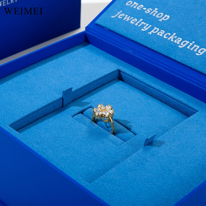 WEIMEI FSC Blue high-end jewelry packaging set box paper ring jewelry box cardboard microfiber necklace package box