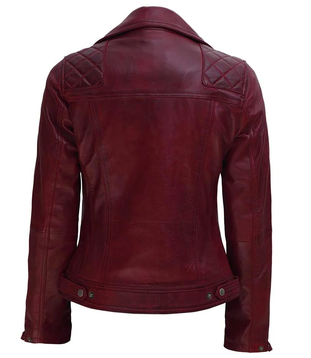 Hot Women Quilted Leather Motorcycle Maroon Jacket customized genuine leather pu leather jackets High Quality Soft Shell Jackets