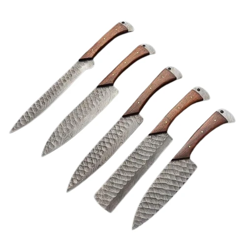 2024 Hot Sale 5Pcs Damascus Steel Kitchen Knives Set Wood Handle Professional Chef Knife Set For Restaurant OEM Service