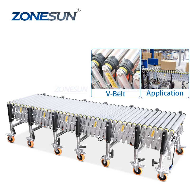 ZONESUN ZS-FCV600 Automatic Powered Flexible V-ribbed Telescopic Roller Expendable Conveyor For Paper Carton Boxes