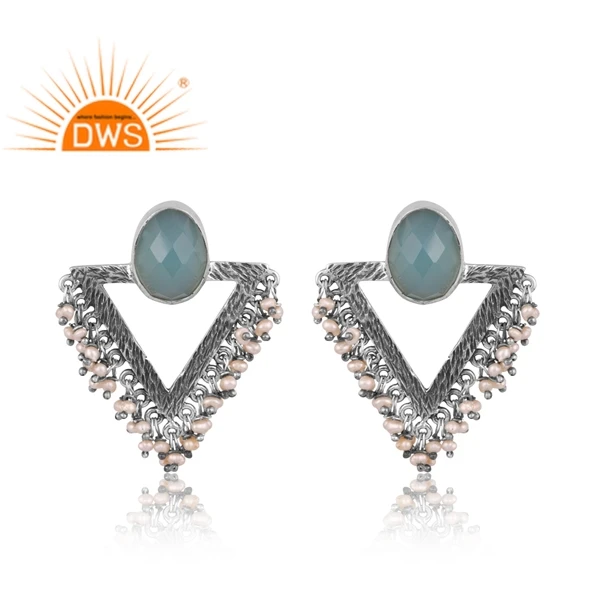 Hot Design 925 Sterling Silver Natural Aqua Chalcedony & Pearl Gemstone Earring Custom Jewelry Supplier