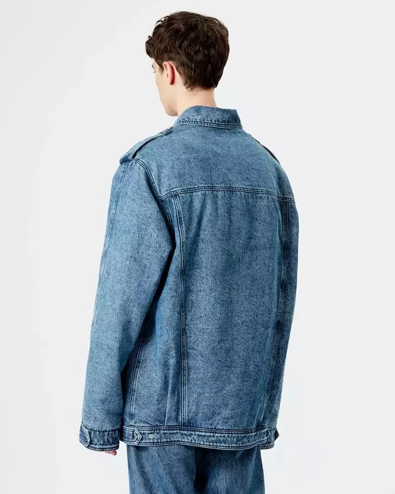 Custom light blue 100% cotton denim washed fleece lining winter jeans jackets men wholesale multi pocket front zip-up coat