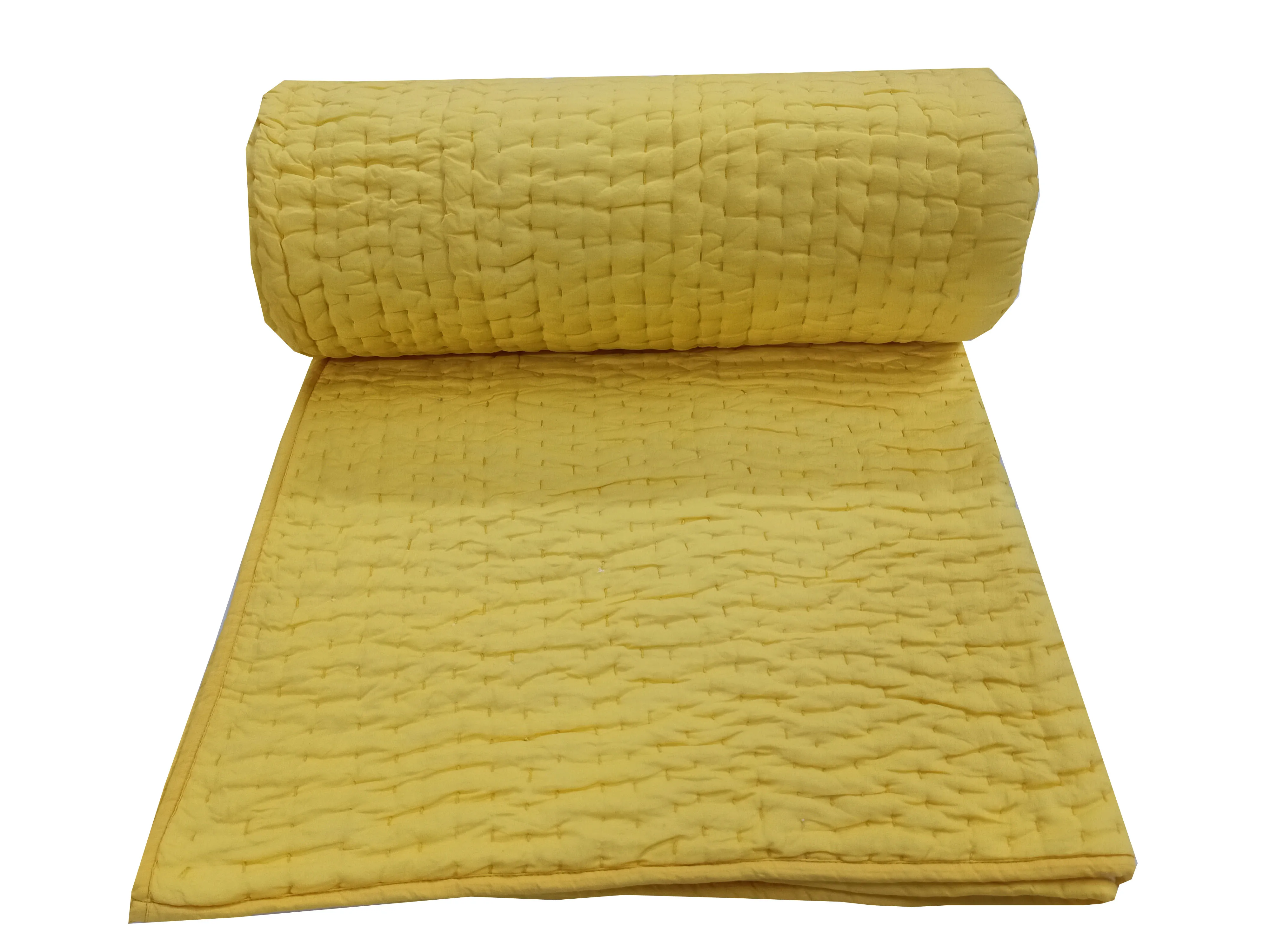 Vintage Indian Hand Thread Work Best Price King Size Jaipuri Quilt Soft Cotton Hand Stitched Yellow Quilts Blanket Bed Spread