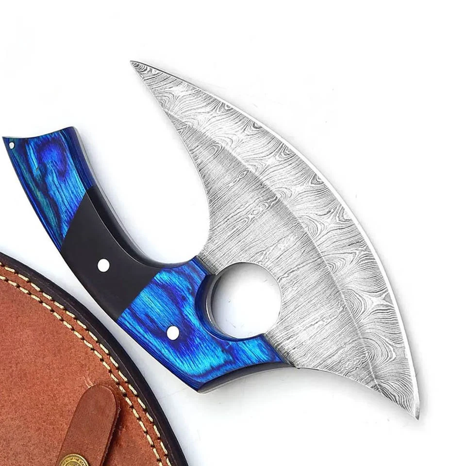 2023 Custom Logo Wooden Handle Damascus Steel Ulu Knives / Custom Made Damascus Steel Ulu Knives with Leather Case