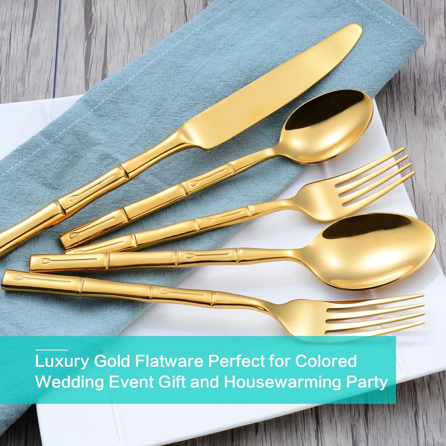 New arrival Gold Silverware Set with Bamboo Pattern Mirror Polish Wholesale price Cutlery Set Housewarming Wedding Gift Service