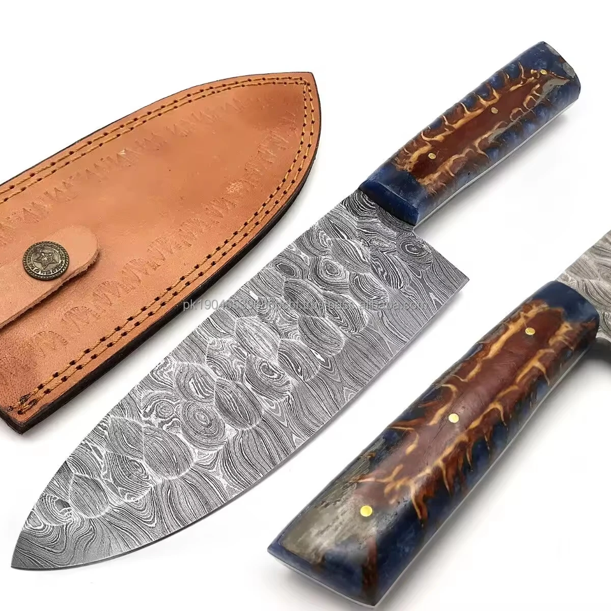 OEM OBM Support Wholesale Kitchen Chef Knife with Pine Wood Handle Damascus Forged Japanese Kitchen knives With Leather Sheath