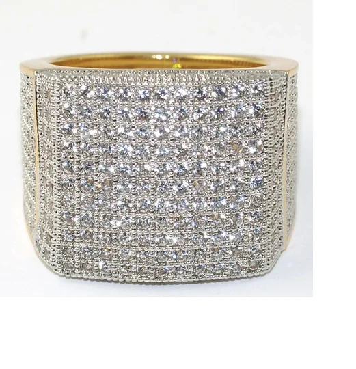 Large Square Design Iced Out Hip Hop Certified Gold Real Diamond Pave Setting, Band Ring Jewelry Gift For Men