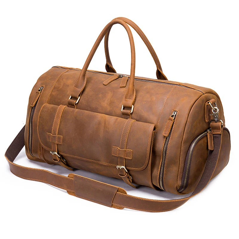Custom Genuine Leather Camping Hiking Duffel Bag | Multi Functional Genuine Leather Duffel Bags with Shoes Case Zippered