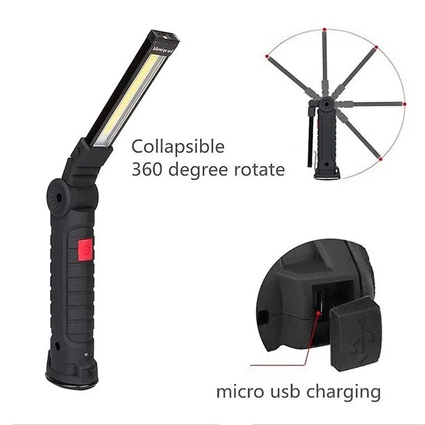 COB Torch Flashlight with Magnetic Base Rechargeable Work Light Workshop Lamp 5 Modes White/red Light Camping Lamp for Garage DC