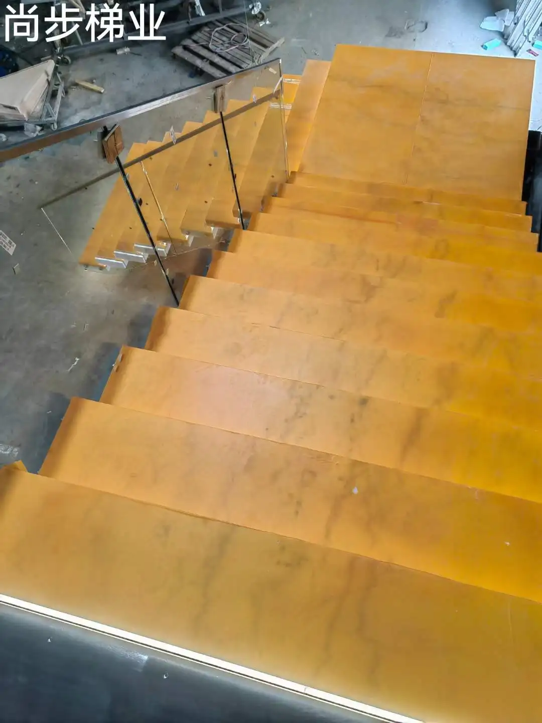 White marble step LED light staircase stone tread glass railing stairway tile stairs marble base steel stringer staircase