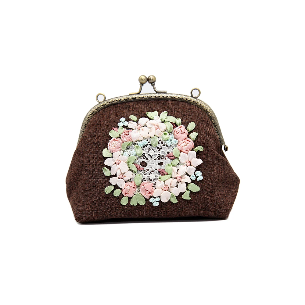 High Quality Wholesale Cotton Fabric Handmade Fashion Small Bag with Copper Binding Long Shoulder Strap with Laced Rose Ribbon