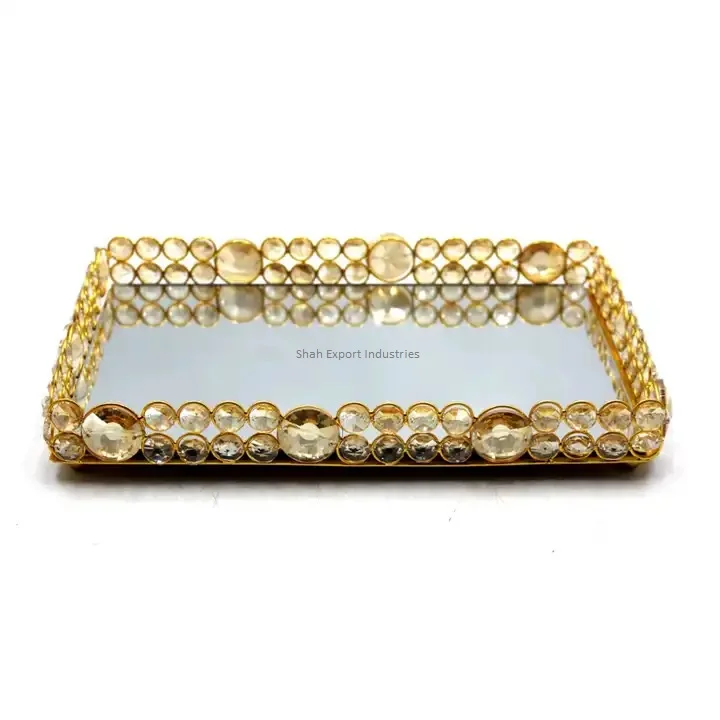 Fancy Rectangular Crystal Vanity Makeup Tray Gold Jewelry Christmas Decorative Tray Cosmetic Trinket Display Organizer Tray