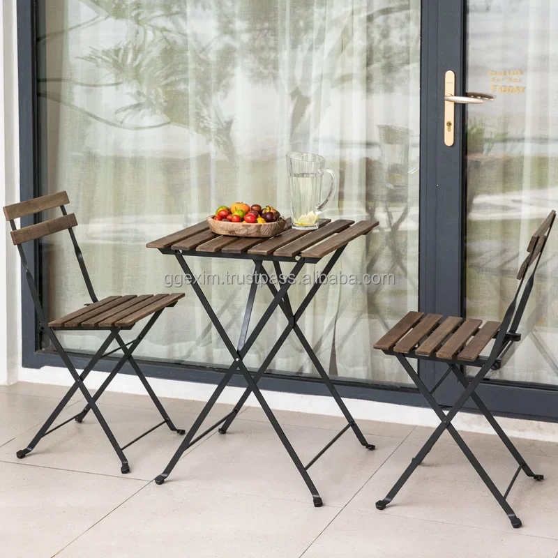 Top product 2023 Bistro Folding Set VIETWOOD Acacia Wood Top and Metal Frame Table & Chairs - Waterproof Perfect for Garden