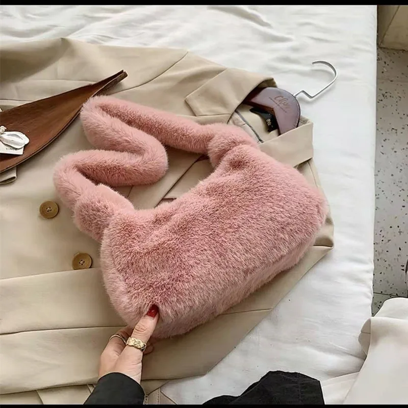 Autumn Winter Single Shoulder Armpit Bag Rex Rabbit Hair Simple Fluffy Handbag Internet Celebrity Plush Bag
