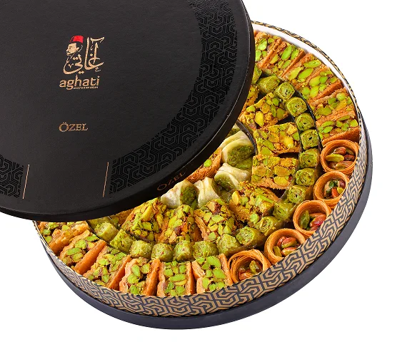 prime assortment of Turkish High Quality Baklava 1kg 2.2 pounds in luxury black color Tin round box