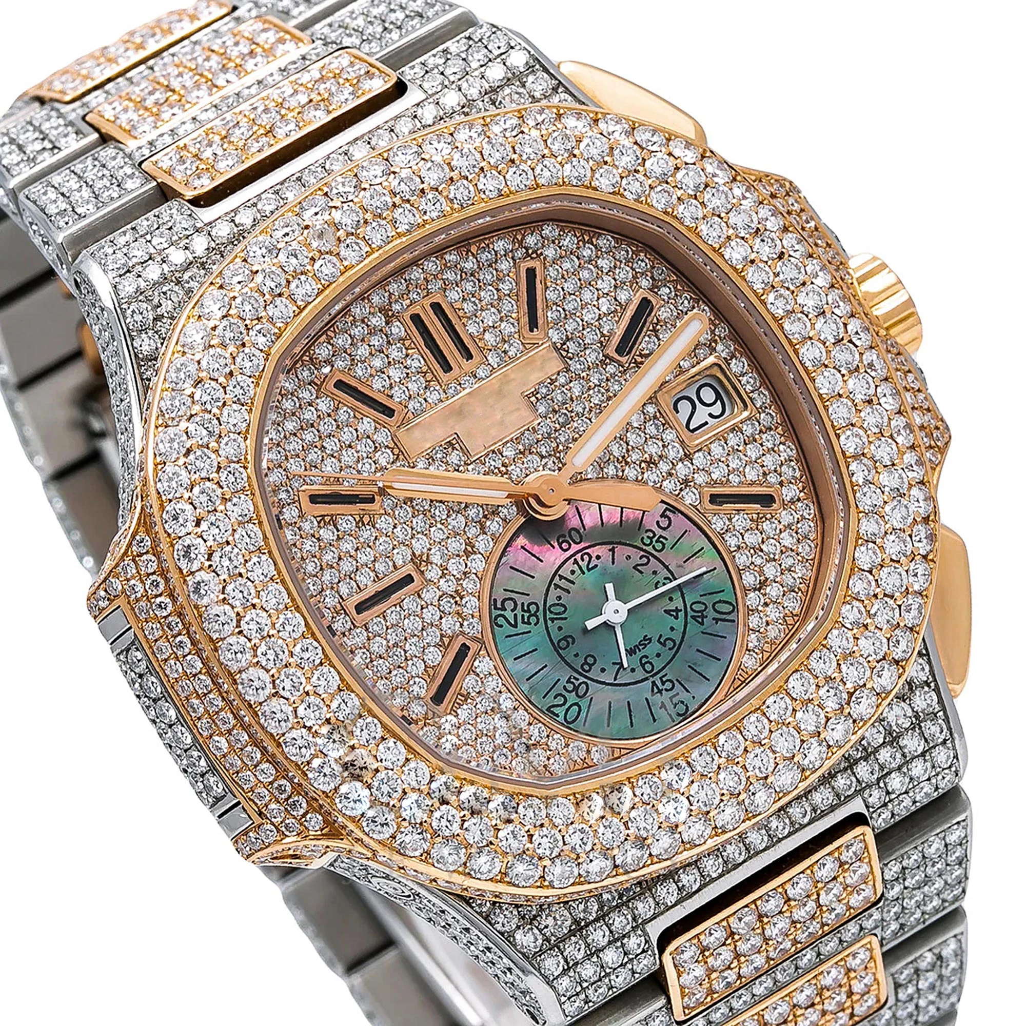 Hip Hop Diamond Watch Luxury Roman Dial Moissanite Stainless Steel Watch Iced Out In VVS Clarity