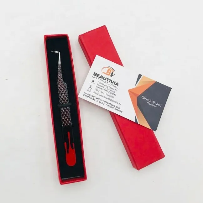 Custom Logo Eyelash Extension Tweezers Black and Red Flame Design Sustainable Steel with 90 Degree Tip Paper Coated for Lashes