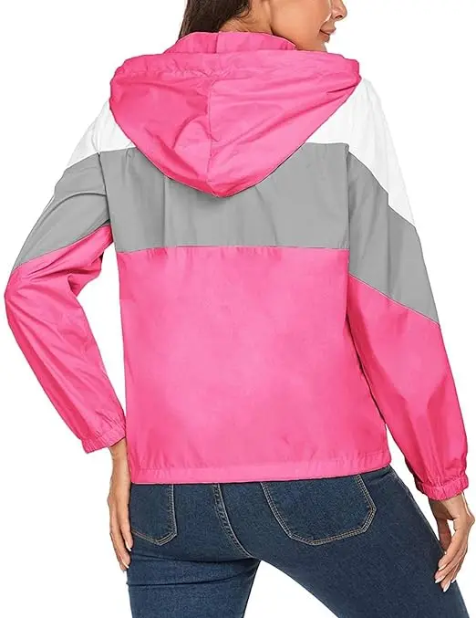 Windbreaker Hoodie Jacket Coat for Womens Fashion Track Anorak Ripstop Breathable Quick Dry Cotton Lining Patchwork Packable