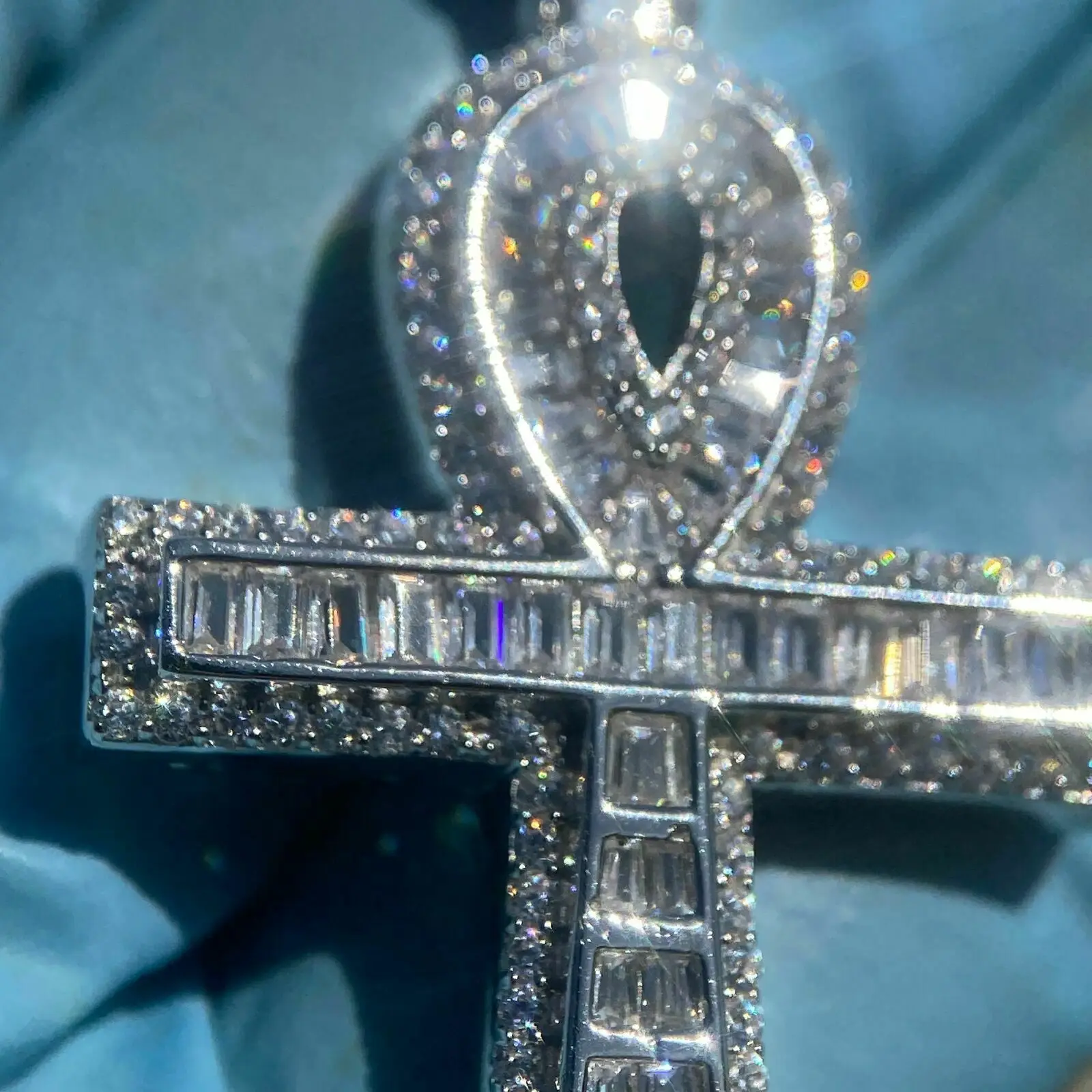 925 Silver Round and Baguette Cut VVS1 Moissanite Diamond Egyptian Ankh Cross Charm Pendant