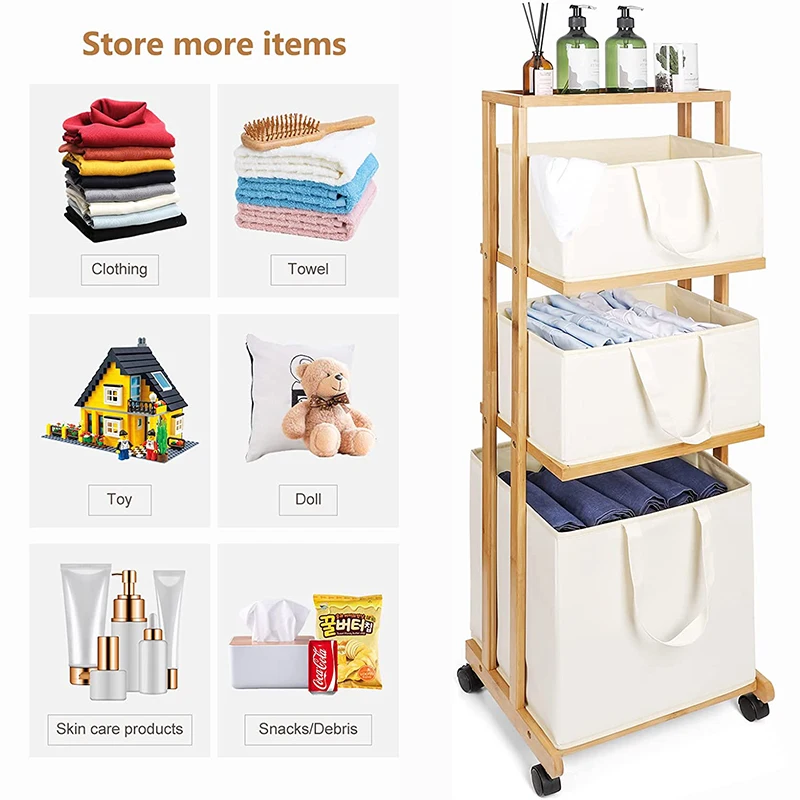 Bathroom Laundry Room Home Storage Rack Three Layers Tall Bamboo Canvas Laundry Hamper with Wheel and Handles
