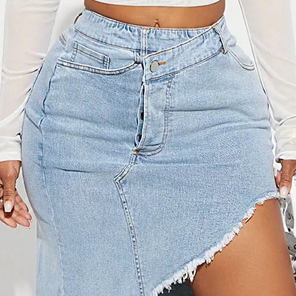 2025 Trendy Cross-Over Waist Button Closure Casual Wear Maxi Denim Skirts / High Quality High Waist Light Wash Women Denim Skirt