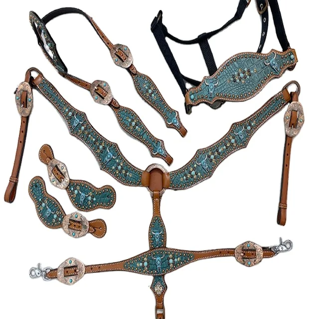 head hardware with copper studs overlay Western Beaded Tack Set For Horse Western Headstall Bridle Customized Breast Collar set