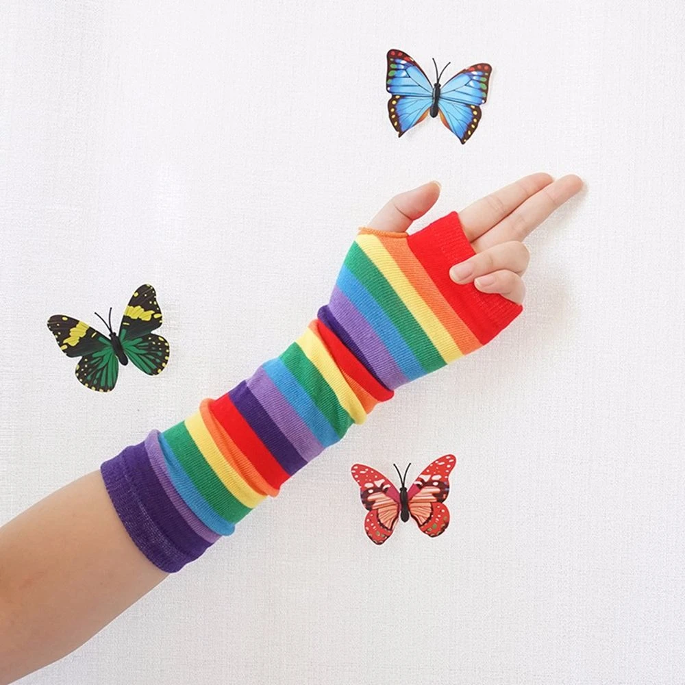 New Fashion Long Glove Arm Cover Rainbow Striped Fingerless Cotton Long Wristband Sleeve