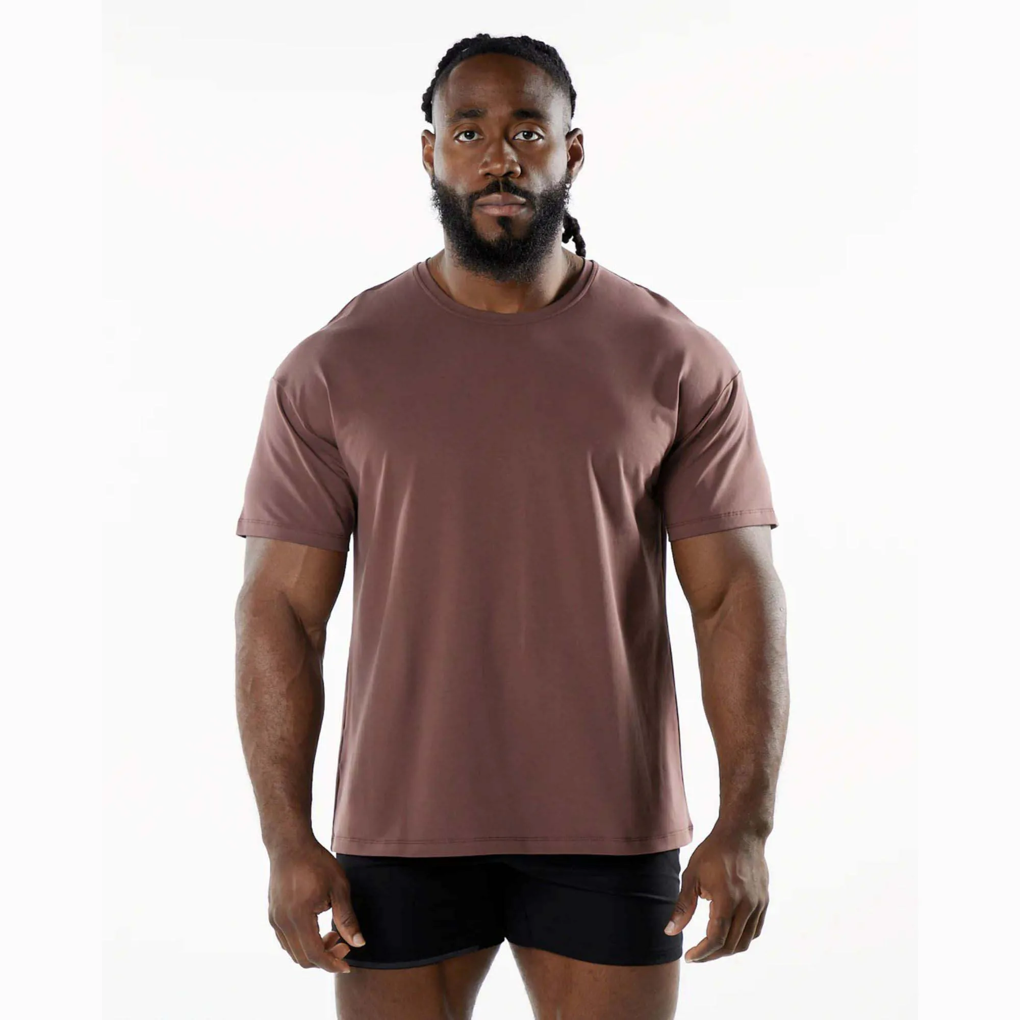 94% Cotton 6% Spandex Signature Performance Fitted Raglan Cut Short Sleeves Crew Neck Merlot Mens Drop Shoulder T-Shirt