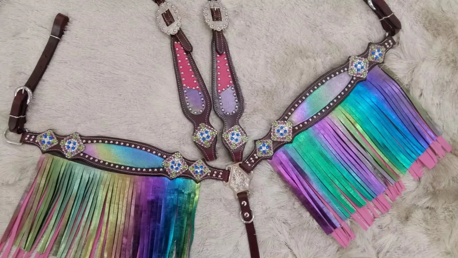 Rainbow Galaxy Western Headstall & Breast Collar Fringe Horse Set Leather lightweight Seasonal design Horse Ridding Equipment