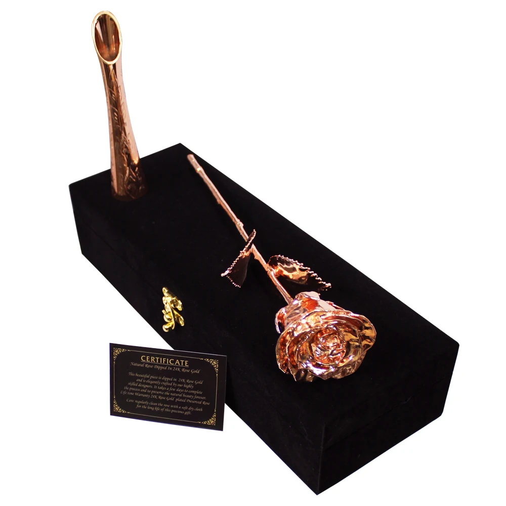 Hot selling 2023 Rose Gold plated Natural Rose with vase and velvet box Natural rose dipped in Rose Gold