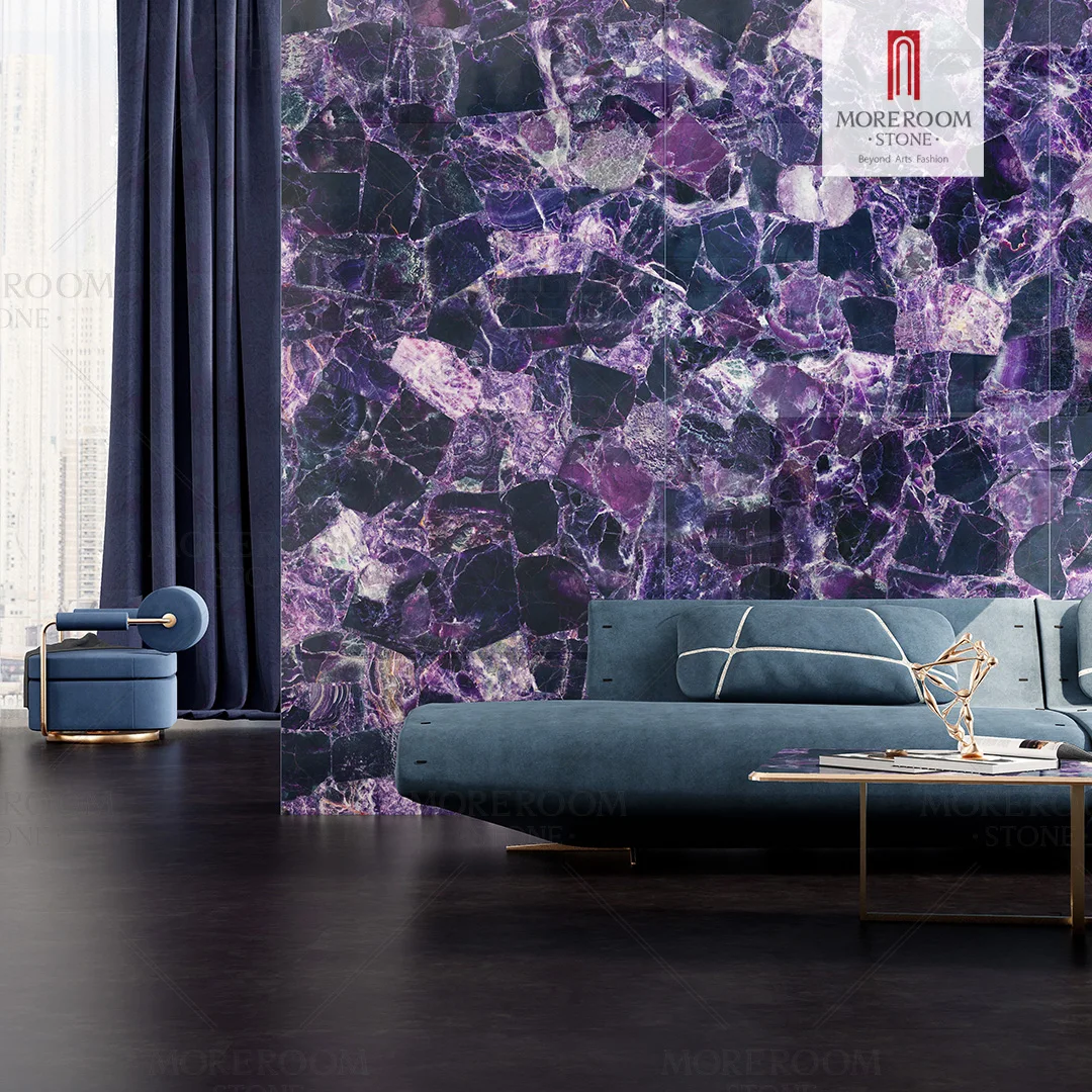 Elegant Purple Quartzite Crystal Fluorite Slab Semi Precious Quartz Slab For Wall Tile