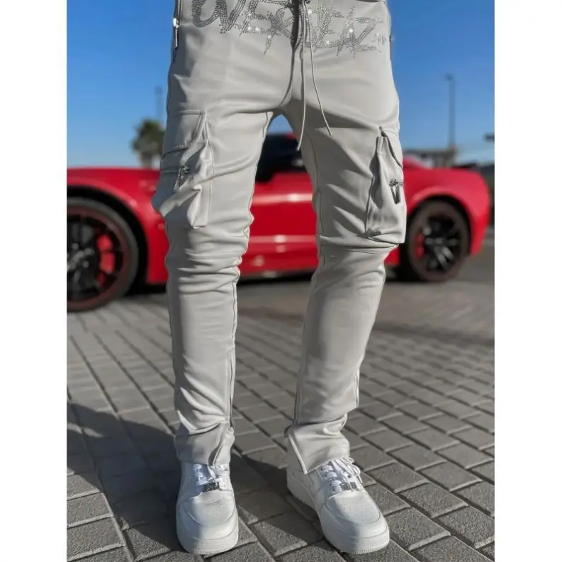 XINYI Custom Logo Men Track Sweat Reflective Rhinestone Cargo Joggers Pants With Pockets