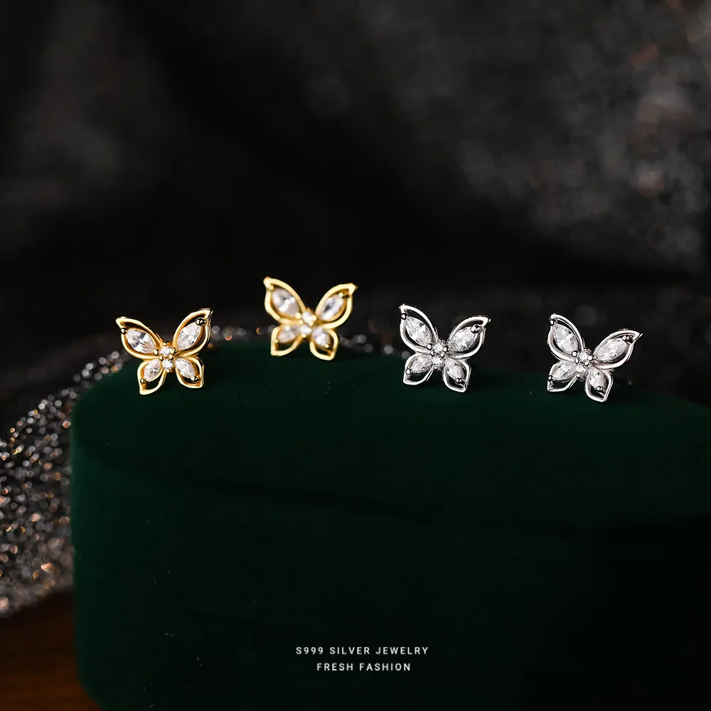 Wholesale 925 Sterling Silver Animal Cute Fashion Fine Jewelry 18K Gold Plated Zircon Butterfly Stud Earrings