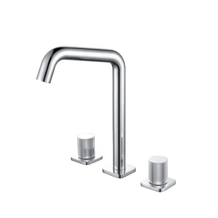 Modern Dual Handle 3 Holes Basin Mixer Tap Chrome Finish Brass Knurled Handle Lavatory Faucet Bathroom Faucet