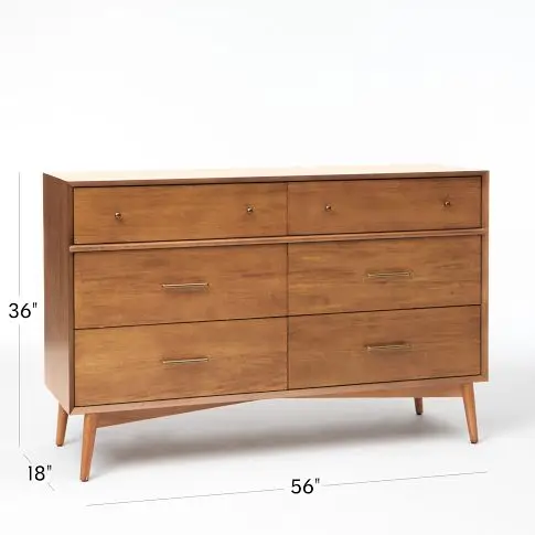 Mid Century Dresser 6 Drawers Wooden Material Natural Color and White Washed Bedroom Home Furniture