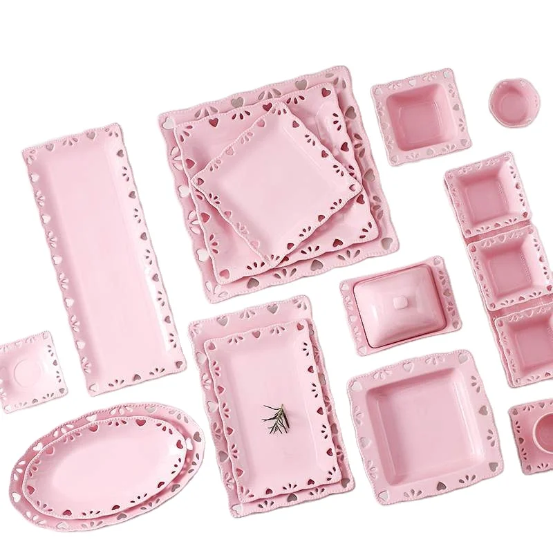 Wedding Factory Direct French Hollow-out Dinner Set Square White Porcelain Dinnerware Sets Pink Ceramic Plates Sets