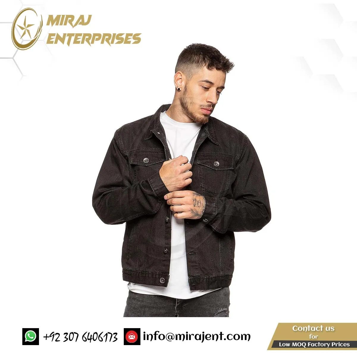 Mens Denim Jacket Western Classic Style Trucker Vintage Style Jean Coat Black Blue